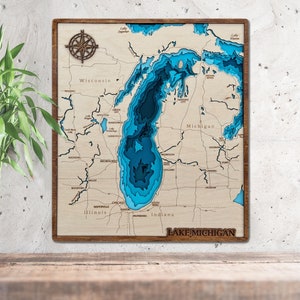 Carte en bois 3D du lac Michigan