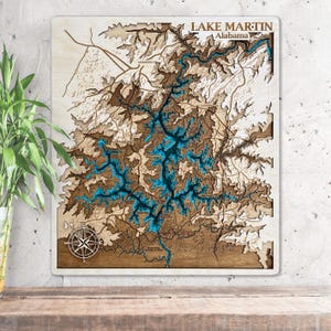 Mappa in legno 3D del lago Martin, Alabama