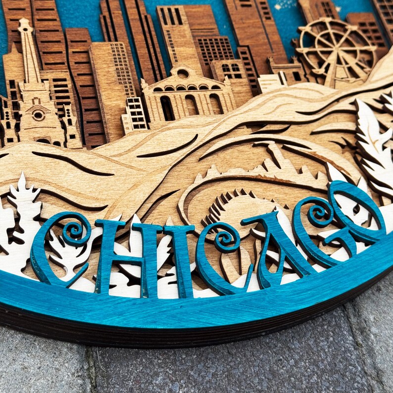 Arte en madera 3D del horizonte de Chicago imagen 3