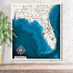 Mappa topografica nautica 3D della costa della Florida in legno della Florida