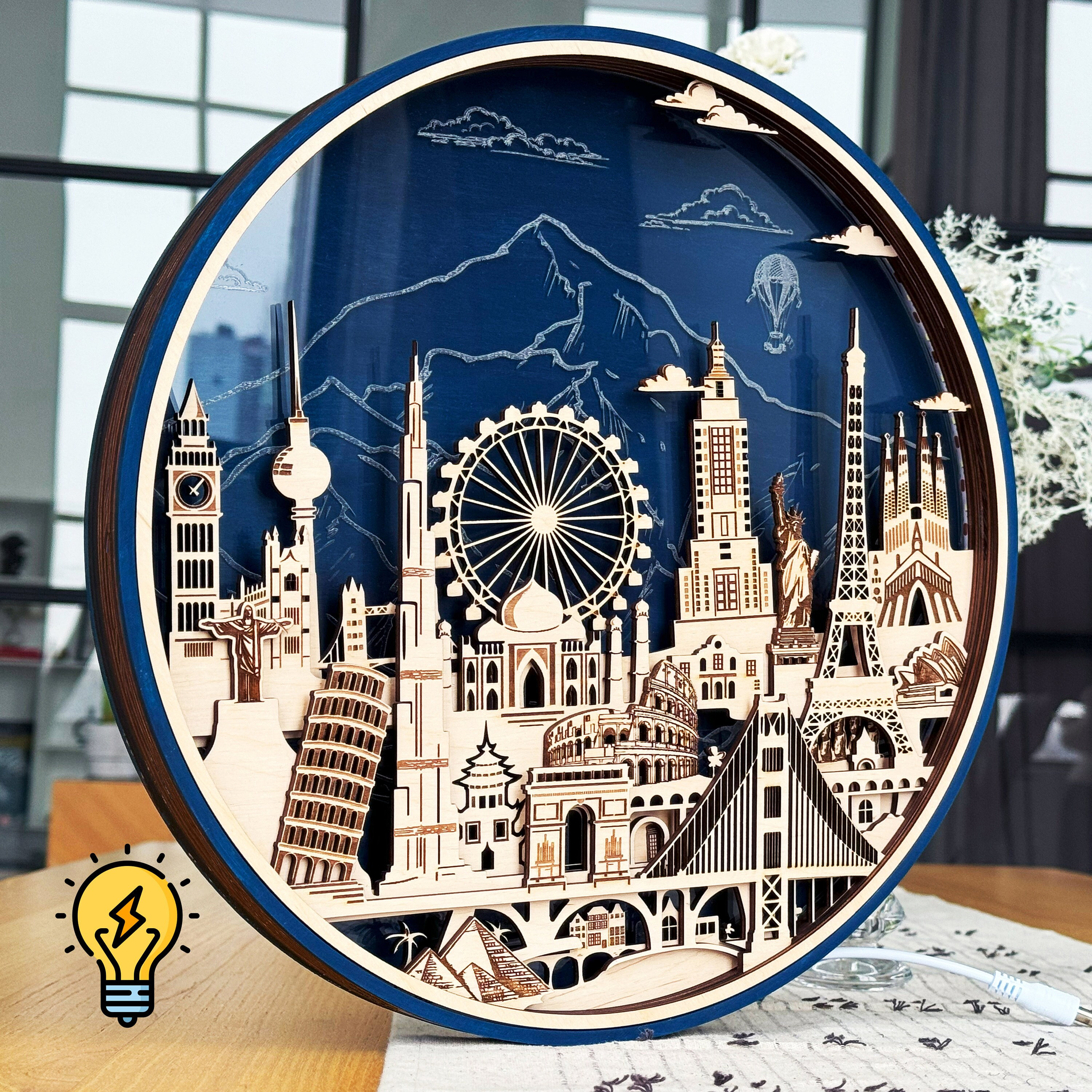 3D World Landmarks Skyline Wall Decor Wood Night Light