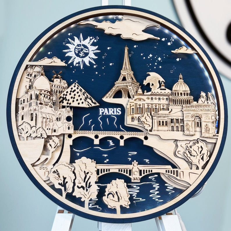 3D Paris Skyline Wall Art Wood Night Light Etsy Canada