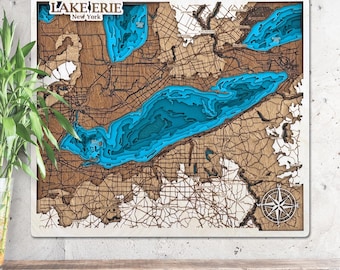 Lake Erie New York Wood Map – 3D Topographic Wall Art