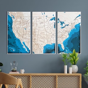 Décoration murale triptyque, carte des États-Unis – Décoration de carte nautique 3D en bois, 3 panneaux