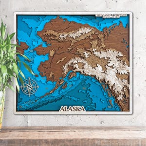 Mapa topográfico de madera 3D de Alaska para pared