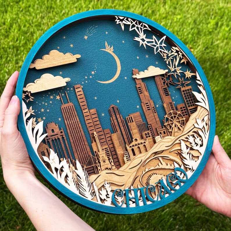 Arte en madera 3D del horizonte de Chicago imagen 4