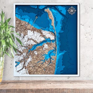 Carte en bois 3D de Sandy Hook, NJ, oeuvre d'art murale nautique du comté de Monmouth