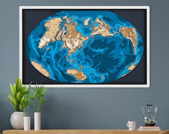 3D Orthographic World Map – Layered Topographic Wooden Earth Wall Art, Original Globe Relief Design