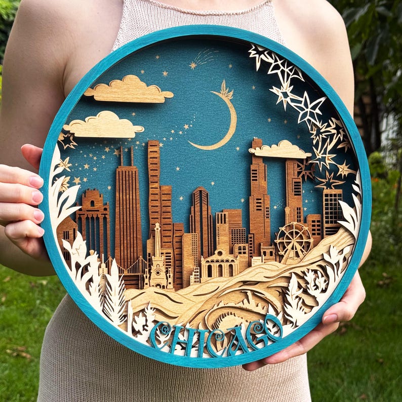 Arte en madera 3D del horizonte de Chicago imagen 2