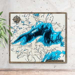 Carte en bois 3D du lac Supérieur