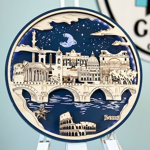 Lámpara de noche de madera con diseño de silueta de Roma en 3D