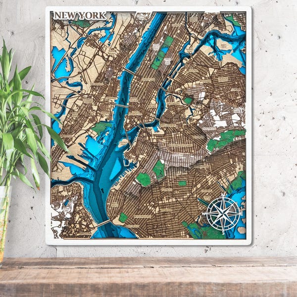 New York City Map 3D Wooden