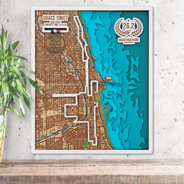 Chicago Running Route 3D Wooden Map - Personalized Race Gift