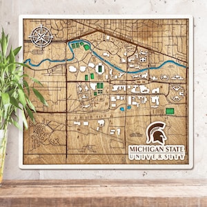 Carte du campus de l'université d'État du Michigan, art mural en bois 3D, cadeau de remise des diplômes MSU