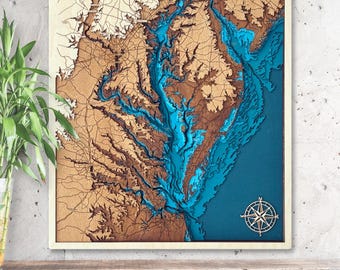Chesapeake Bay 3D Wood Map Nautical Gift for Beach House