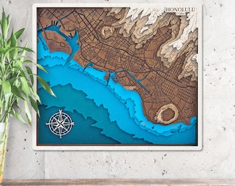 Honolulu City 3D Wooden Map Oahu Hawaii
