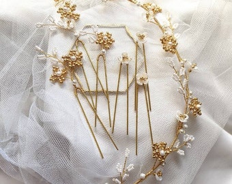 Gold wedding hair accessories, gold and ivory headpiece, gold flower wedding accessories, gold wedding hair pin set, gold bridal hair vine