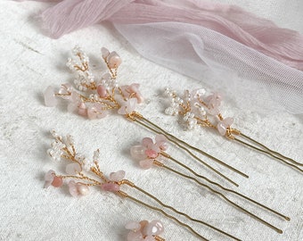 Rose Quartz Bridal Hairpins, pink hair pin, gemstone hair accessories, pink stone wedding hair pin, natural stone hair accessories