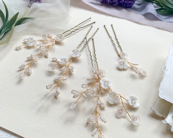 Freshwater pearl hair pins, shell flower bridal hair pins, flower and crystal wedding accessories, nature inspired bridal accessories