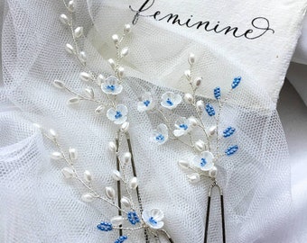 Something blue wedding hair pins, blue bridal hair pins, pearl flower hair pins, pearl and blue floral hair pins, wedding hair pin set