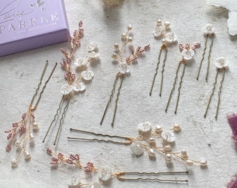 Freshwater pearl hair pins, shell flower bridal hair pins, flower and crystal wedding accessories, nature inspired bridal accessories