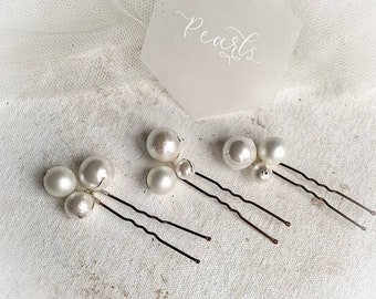 Pearl cluster hair pin set, white pearl wedding hair pins, mixed pearl hair pin set, pearl pin set, pearl wedding hair pins, cluster pearls