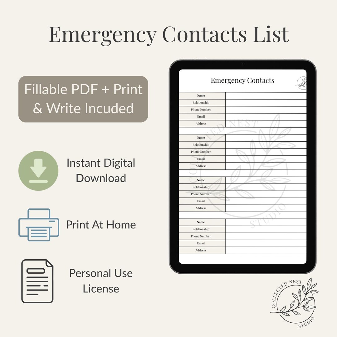 Emergency Contacts: Fillable PDF (digital Download) - Etsy