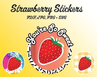 Strawberry Stickers, Printable Sticker Sheet, Strawberries, Stickers, digital stickers, fruit stickers, digital download, pdf, png,jpg