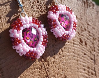 Heart Shaped Seed Bead Earrings Handmade Red, Pink