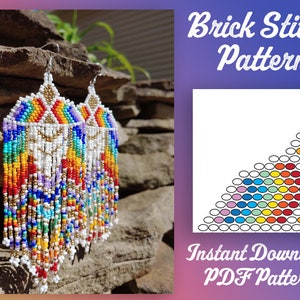 May include: Rainbow beaded earrings with a brick stitch pattern. The earrings are long and dangle, with a white center and colorful fringe. The image includes a PDF pattern for making the earrings.