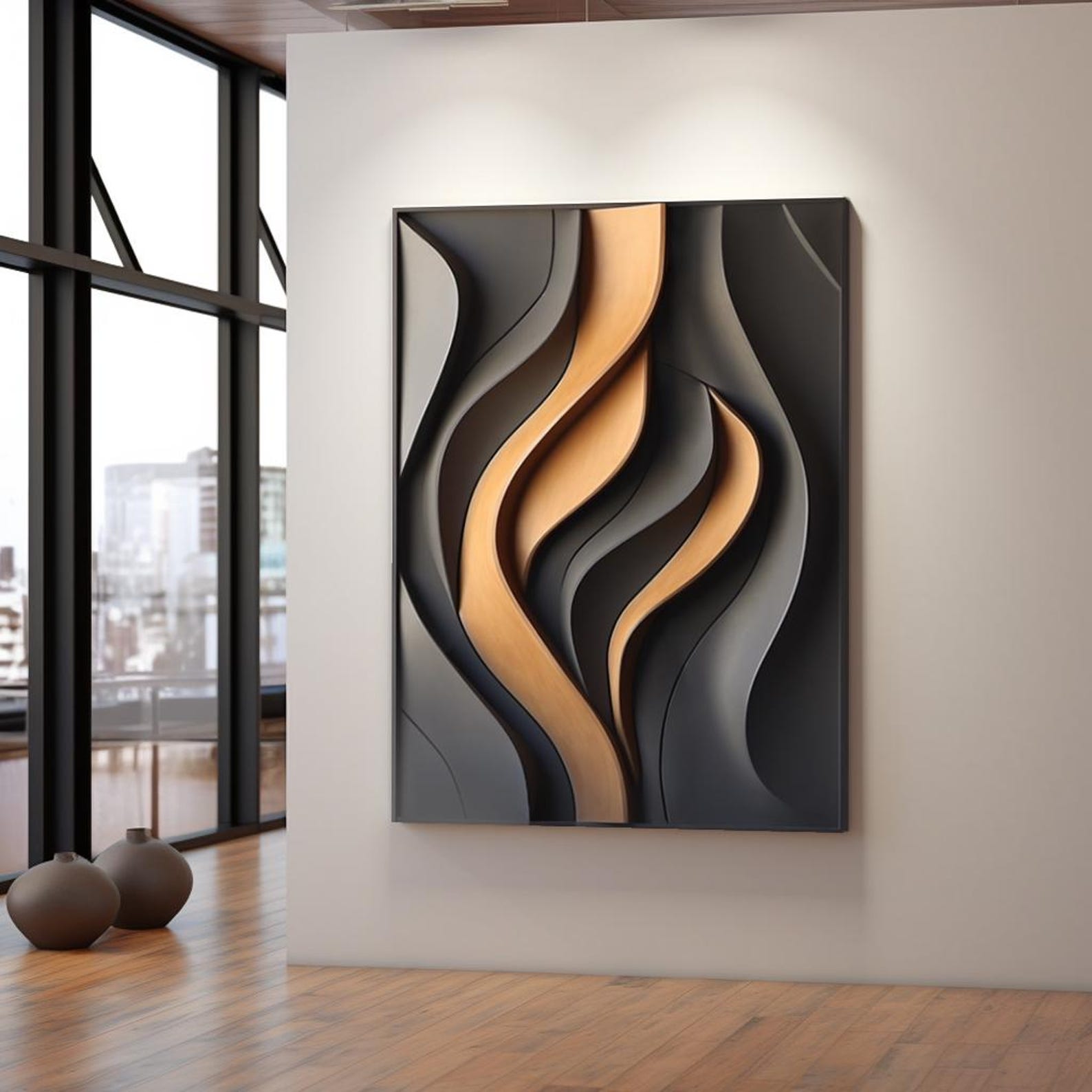 Visual Reference: 3D Textured Black And Golden Abstract Art Living Room Décor