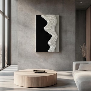 Modern 3D Wood Wall Art – Black & White Textured Wave Sculpture – Minimalist Japandi Nordic Wall Decor for Living Room or Entryway