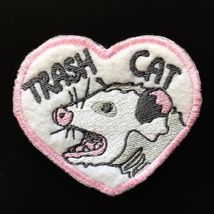 Trash Cat Heart Patch // Embroidered Sew-on Opossum Patch