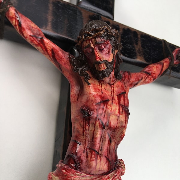 Crucifijo realista Cristo herido para meditación, Cruz de pared, Altar doméstico, Regalo católico, Regalo religioso, Gran Cruz, 19.68 in