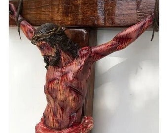 Realistic Crucifix Christ Wound For Meditation, Brown wood, Wall Cross, Catholic Gift, Bloody Crucifix, Passion Crucifix, 19.68 in