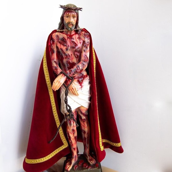 Realistische gegeißelte Christusstatue zur Meditation, Ecce Homo, Hausaltar, 16,17 Zoll