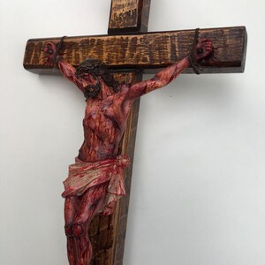 Realistic Crucifix Christ Wound For Meditation, Brown wood, Wall Cross, Catholic Gift, Bloody Crucifix, Passion Crucifix, 19.68 in image 5