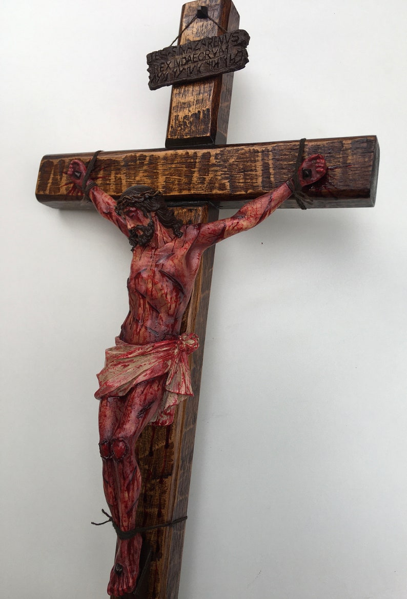 Realistic Crucifix Christ Wound For Meditation, Brown wood, Wall Cross, Catholic Gift, Bloody Crucifix, Passion Crucifix, 19.68 in image 5