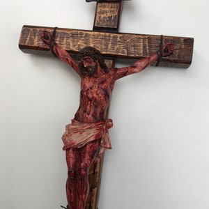 Realistic Crucifix Christ Wound For Meditation, Brown wood, Wall Cross, Catholic Gift, Bloody Crucifix, Passion Crucifix, 19.68 in image 2