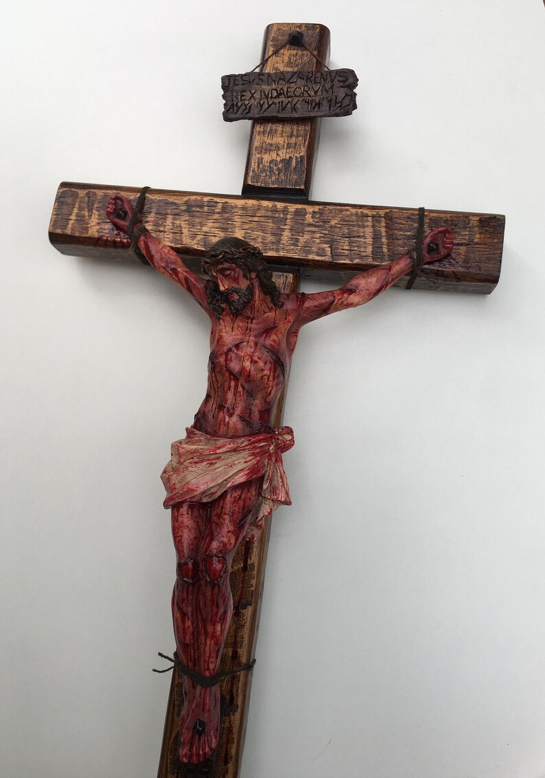 Realistic Crucifix Christ Wound For Meditation, Brown wood, Wall Cross, Catholic Gift, Bloody Crucifix, Passion Crucifix, 19.68 in image 2