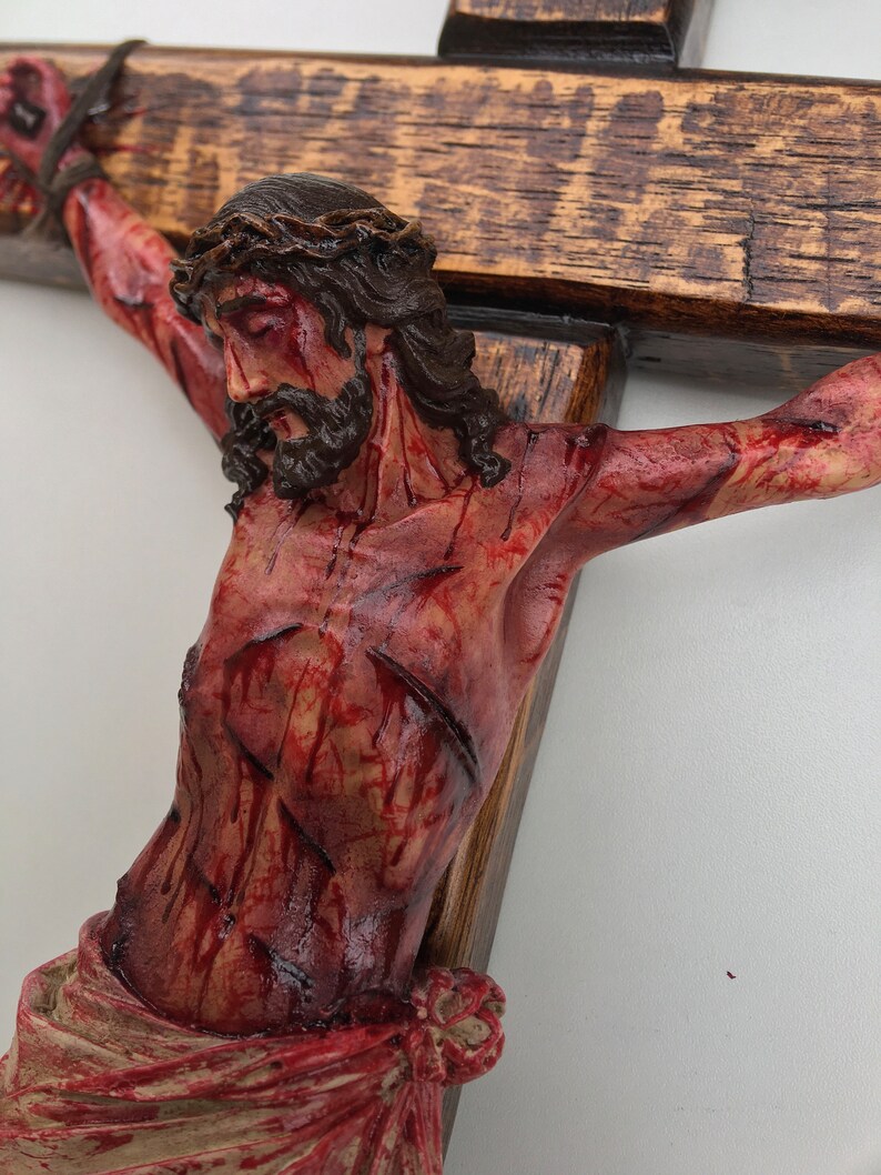 Realistic Crucifix Christ Wound For Meditation, Brown wood, Wall Cross, Catholic Gift, Bloody Crucifix, Passion Crucifix, 19.68 in image 7