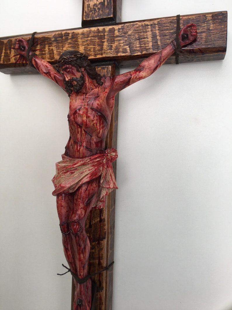 Realistic Crucifix Christ Wound For Meditation, Brown wood, Wall Cross, Catholic Gift, Bloody Crucifix, Passion Crucifix, 19.68 in image 3