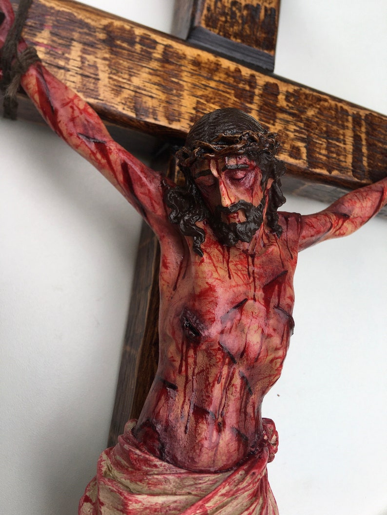 Realistic Crucifix Christ Wound For Meditation, Brown wood, Wall Cross, Catholic Gift, Bloody Crucifix, Passion Crucifix, 19.68 in image 1