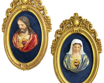 Set of 2 Oval Frames with Busts of the Sacred Hearts of Jesus and Mary - 7.89 in