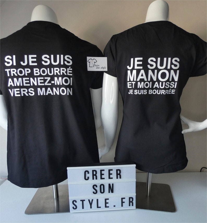 Duo tee shirt personnalisé pour couple Si je suis trop bourré amenez moi vers... je suis ... et moi aussi je suis bourrée image 2