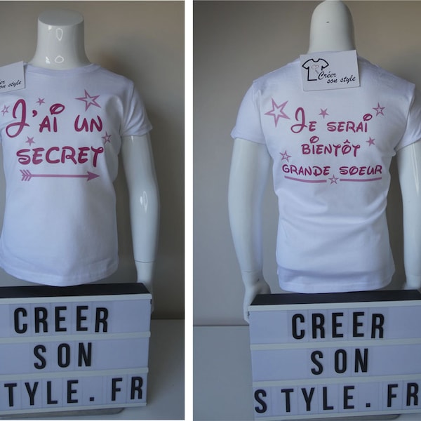 Tee shirt personnalisé enfant "j'ai un secret, je serai bientôt grande soeur" annonce de grossesse originale