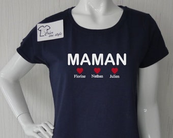 Tee shirt femme personnalisé "maman + prénom des enfants" idée cadeau fête des mères, cadeau pour maman