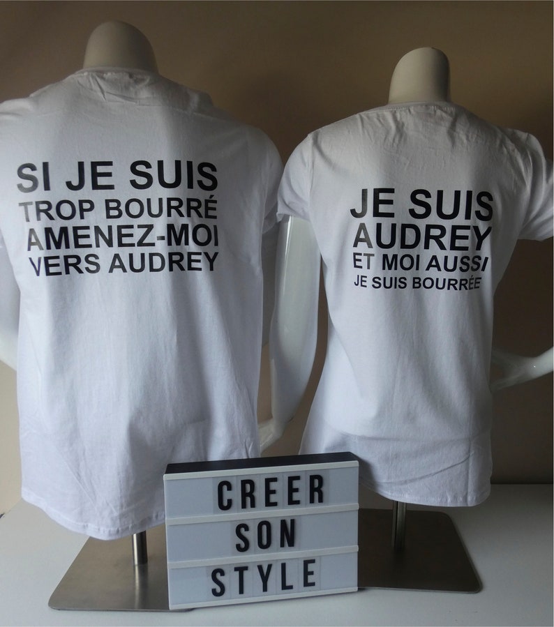 Duo tee shirt personnalisé pour couple Si je suis trop bourré amenez moi vers... je suis ... et moi aussi je suis bourrée image 5