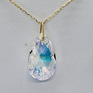 Gold Vermeil Swarovski Crystal Clear AB Pear 6106 Pendant Necklace; Cable Chain 16&quot;, 18&quot;, 20&quot;, 24&quot;