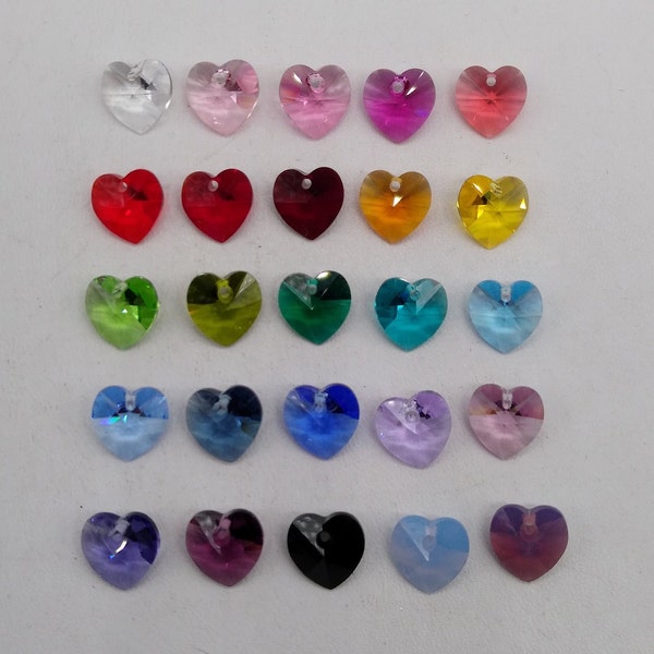 2pc Swarovski Crystal 10mm Heart 6228 Pendants; 25 Colors: Fuchsia, Violet, Denim, Jet, Topaz, Olivine, Padparadscha, Cyclamen Opal